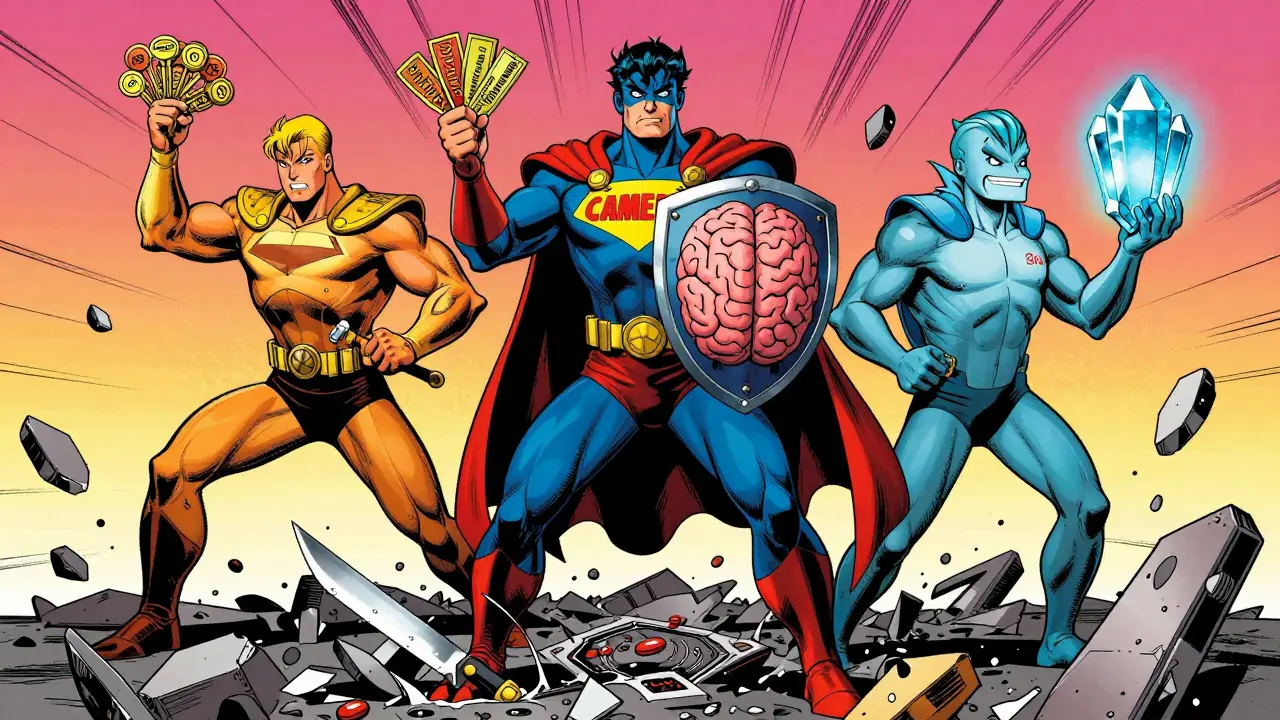 Three superhero memory techniques defeat an OOM monster in bold 1940s comic style.