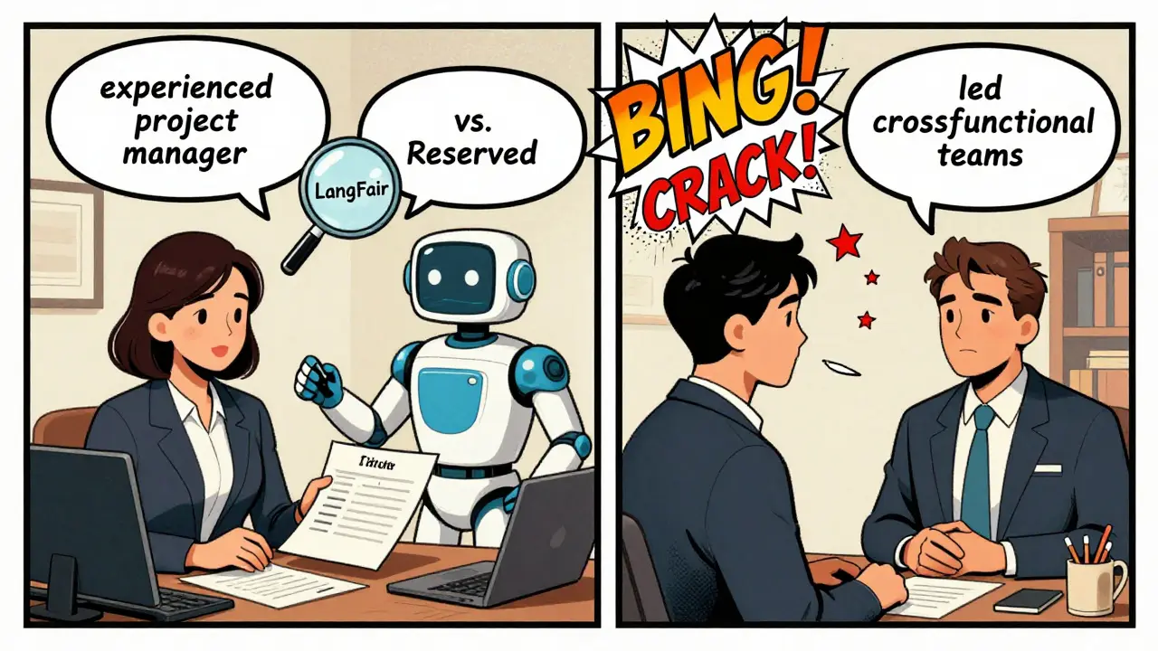 Two job applicants receive unequal career advice from an AI, highlighting bias in resume phrasing, with a magnifying glass exposing the unfairness.