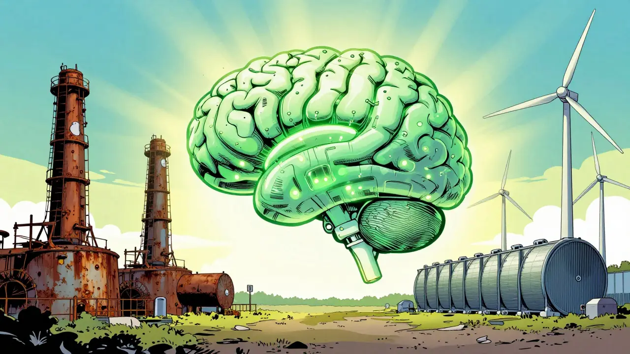 A brain-shaped green chip and renewable energy sources in a classic comic book style.