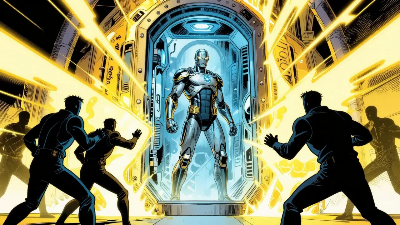 A distilled AI model protected inside a glowing golden futuristic vault in a Golden Age comic style.