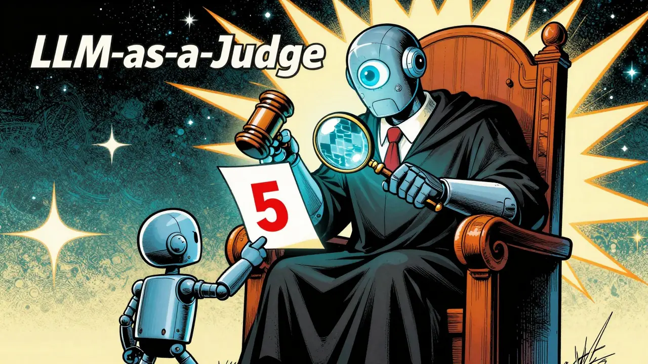 A giant robotic judge scoring a smaller robot's performance in a golden age comic style.