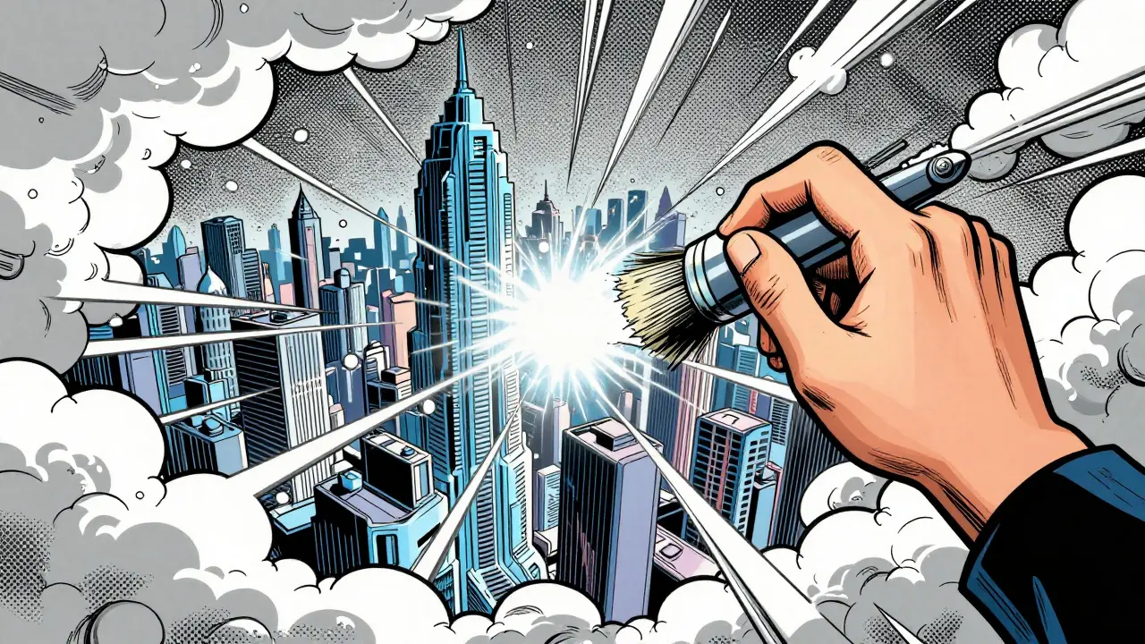 A hand clearing static noise to reveal a clear city in a vintage comic style