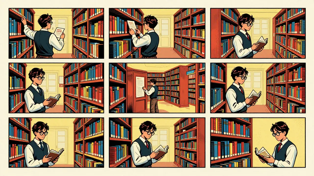 A scholar gathering summaries from different libraries in a comic book sequence.