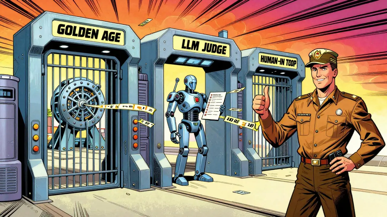 A sequence of three security gates representing the AI evaluation workflow in comic art.