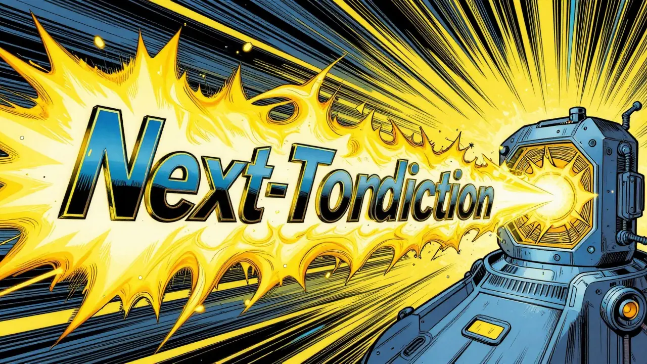 A stream of words being predicted sequentially in a bold comic book style