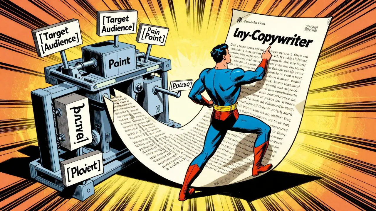 A superhero copywriter filling in structured variable boxes for a marketing campaign.