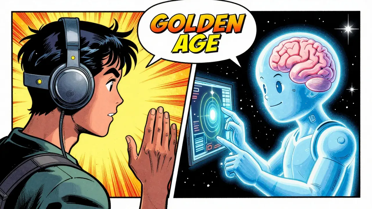 A user with a headset conversing with a glowing AI entity that analyzes video data in a comic book style.