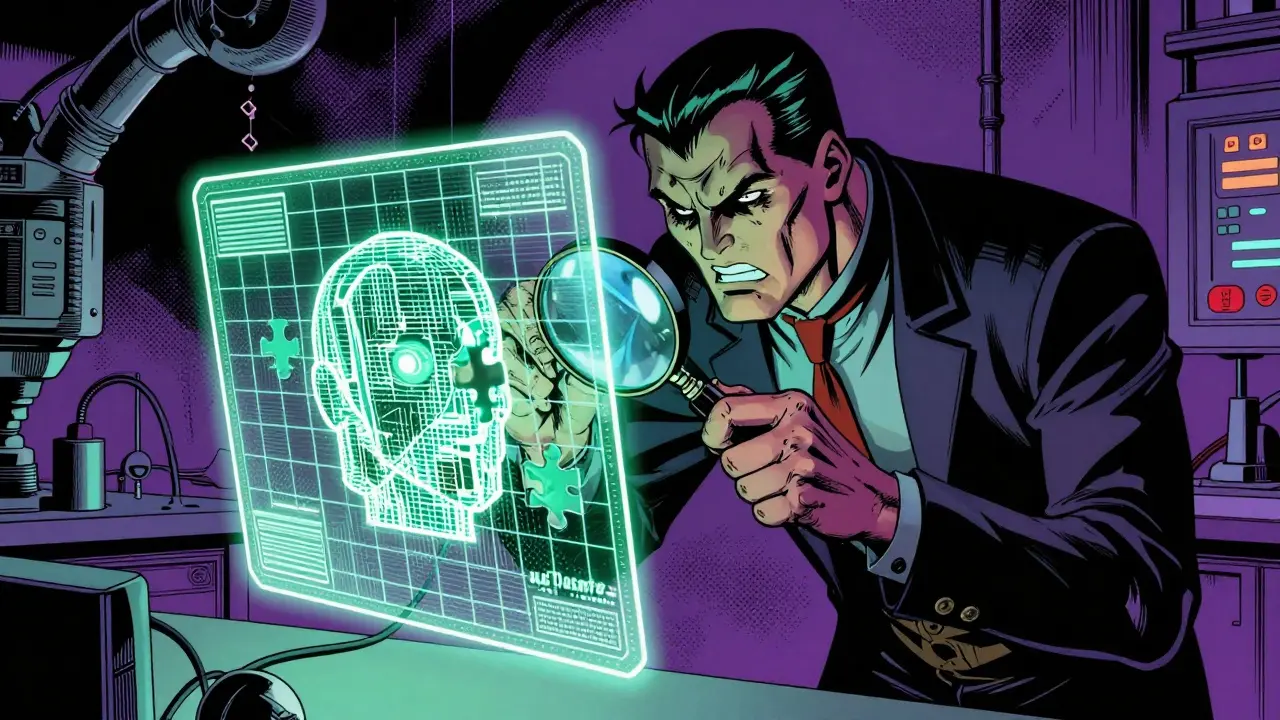A villain analyzing a fragmented holographic AI model to find gaps in a classic comic book scene.