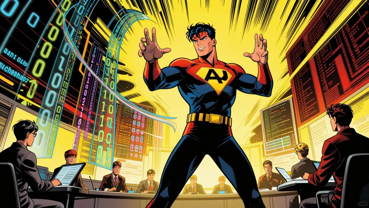 An AI orchestrator directing streams of digital code like a conductor