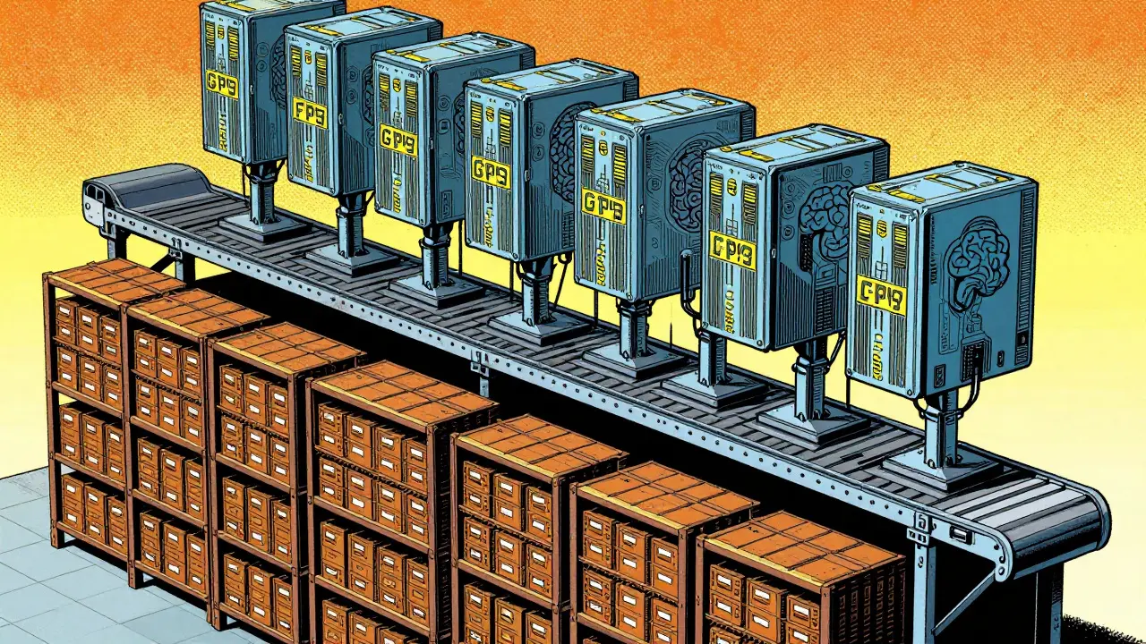 Comic cross-section of a tiered data architecture from storage to GPUs.