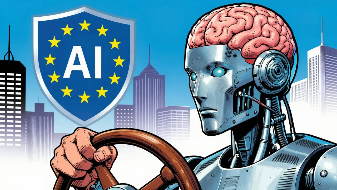 Comic illustration of a human steering a giant AI robot to ensure responsible control.