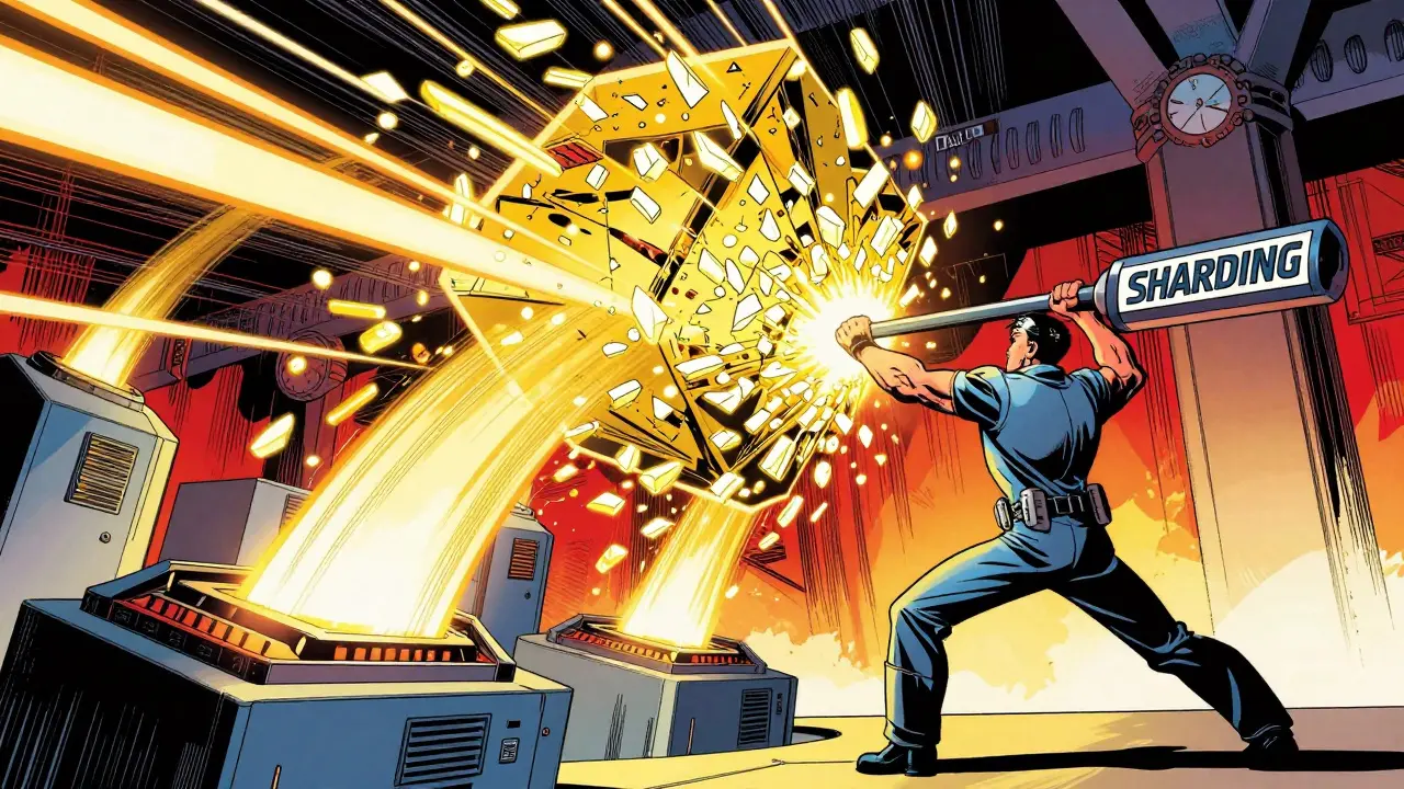 Comic illustration of a technician splitting a data block into smaller shards.