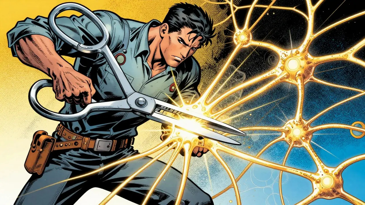 Comic illustration of an engineer using shears to prune glowing connections in a neural network.