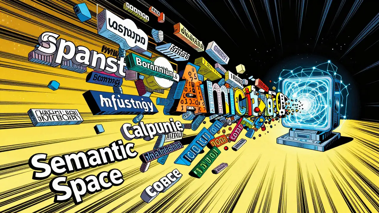 Comic illustration of text being converted into numerical vectors in a cosmic space.