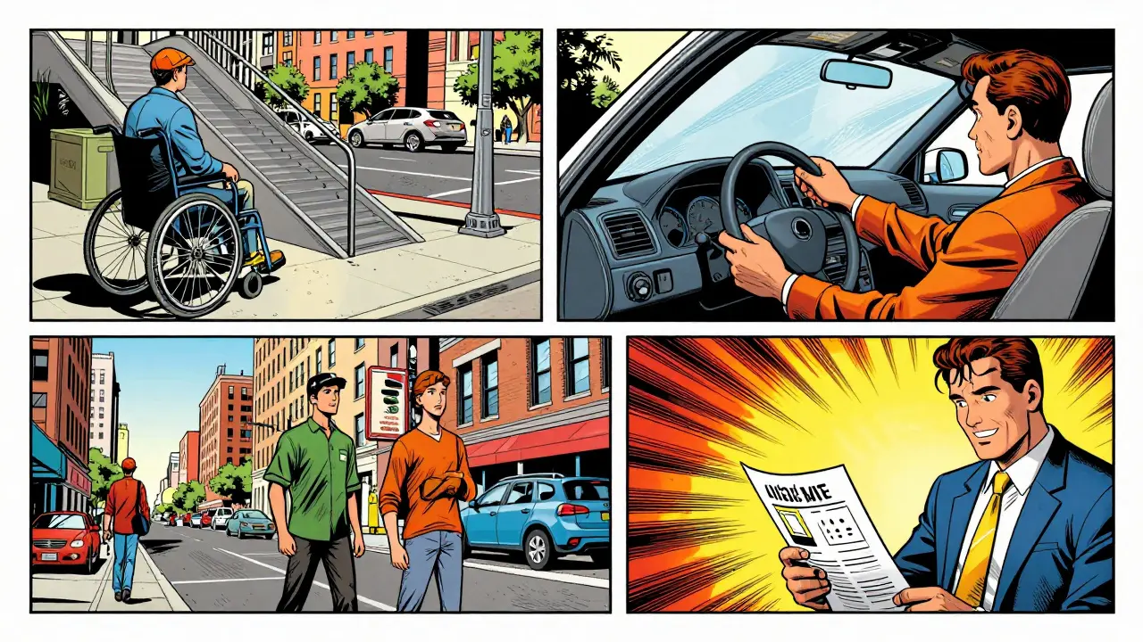 Comic panels showing a wheelchair ramp and people using voice AI to illustrate the curb-cut effect.