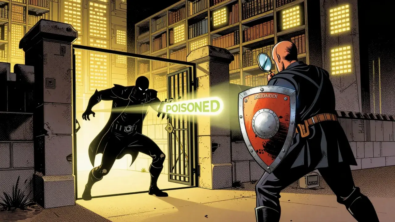 Comic scene of a security guard blocking a malicious vector from entering a data fortress.