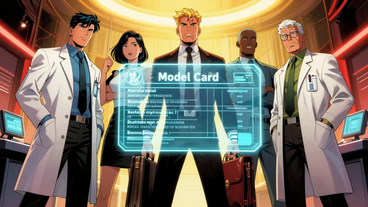 Comic style group of experts analyzing a digital model card for AI transparency.