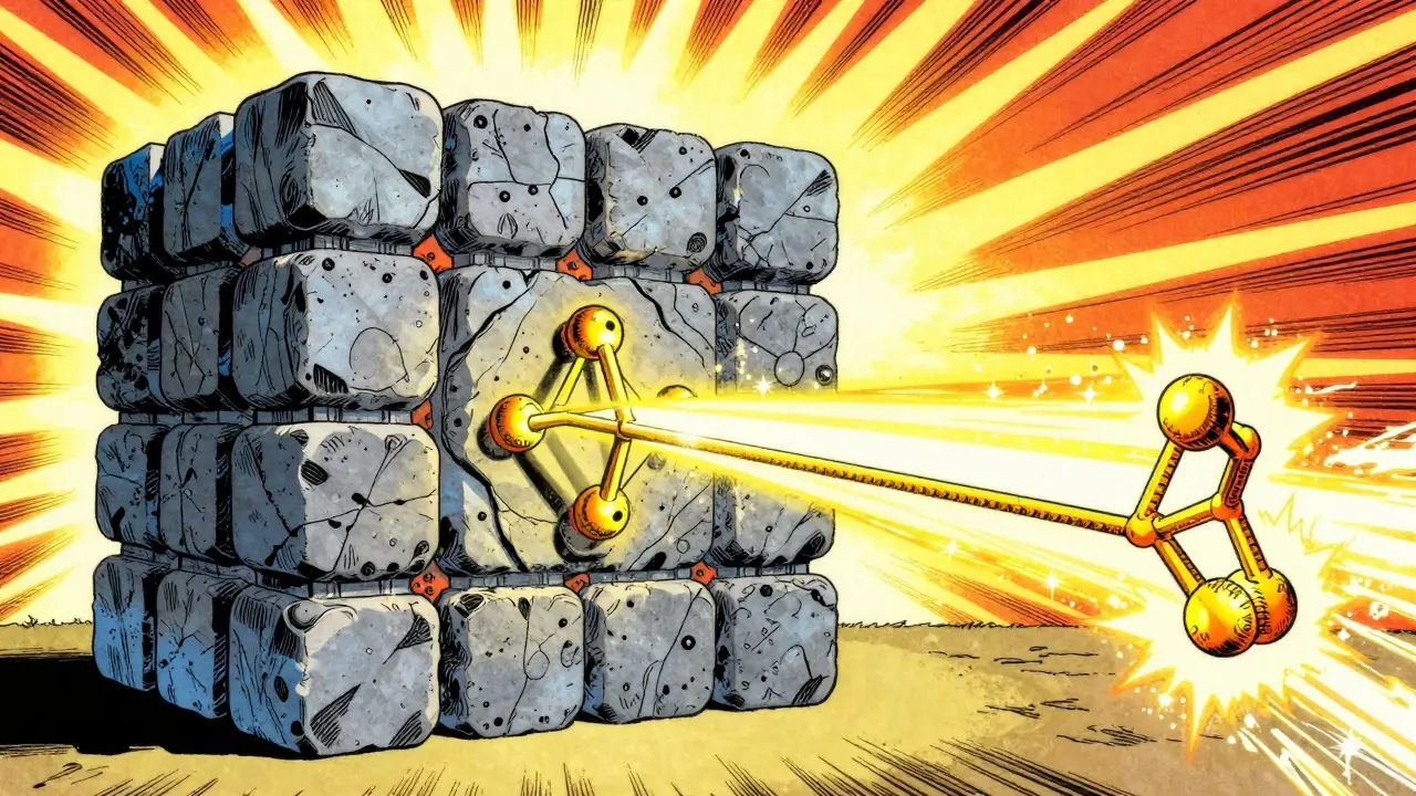 Comic style image of a small golden bridge bypassing a massive stone matrix to show AI efficiency.