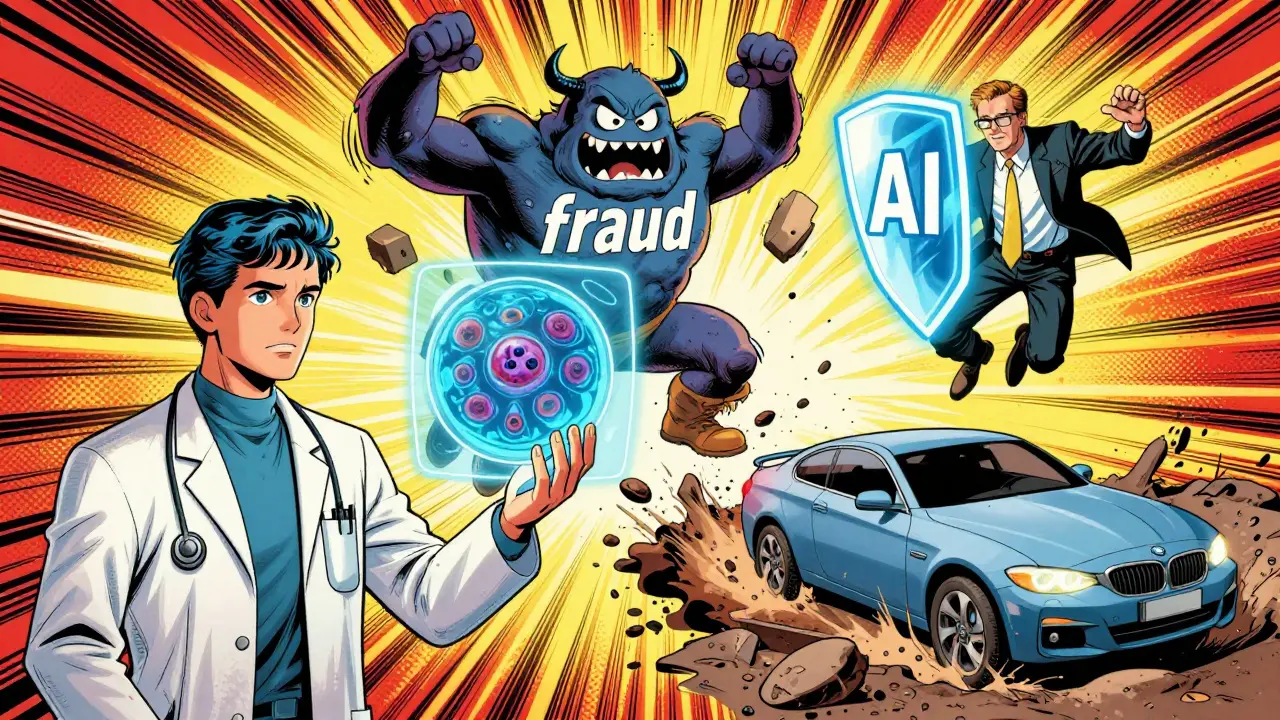 Comic style montage of AI helping in medicine, finance, and autonomous driving.