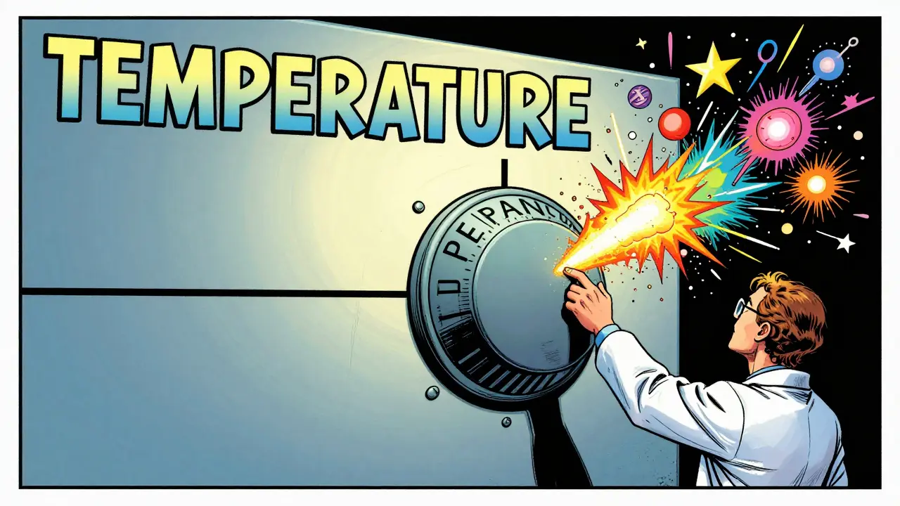 Comic style scene of a scientist turning a temperature dial to make AI output more creative.