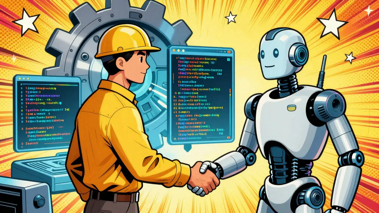 Engineer and AI robot celebrating clean, automated code in comic book art