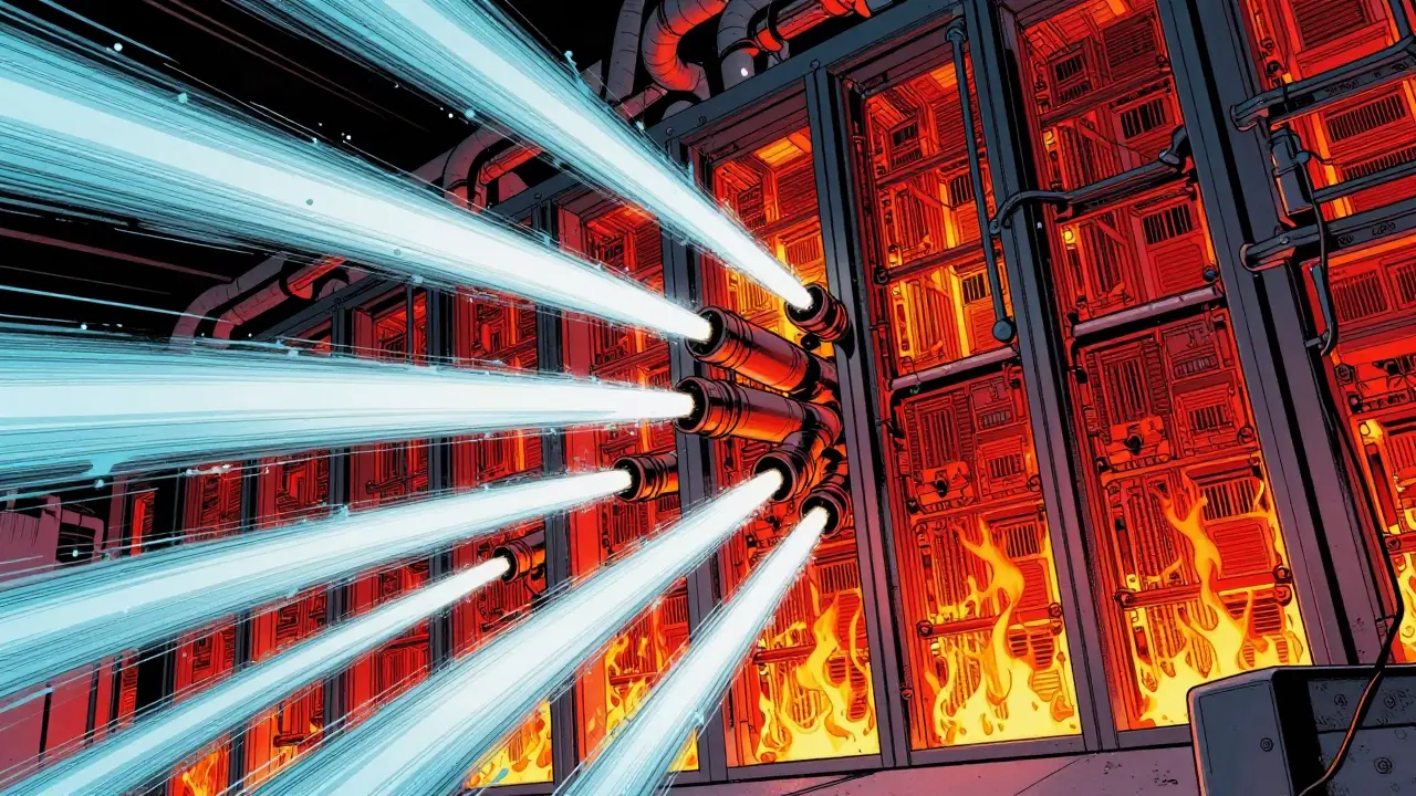 Glowing red AI servers being cooled by bursts of water in a dramatic comic illustration.