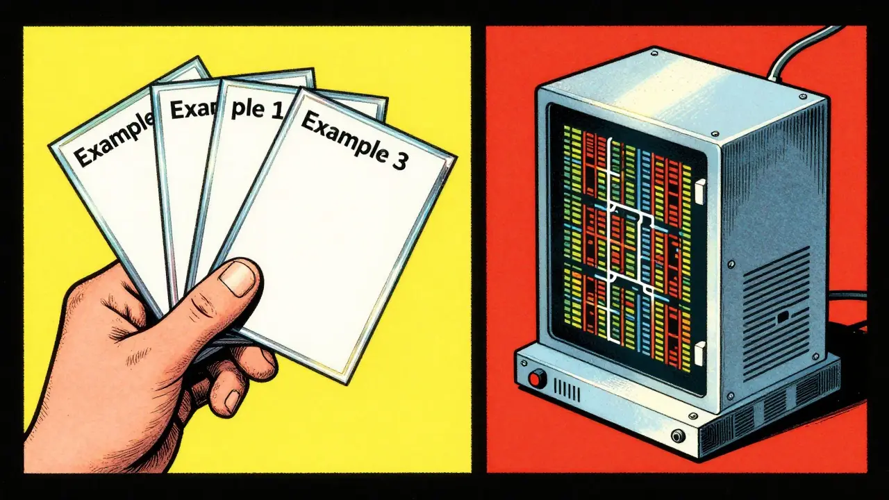 Hand showing example cards to a robot that replicates a medical pattern in comic style.