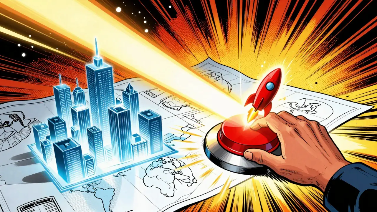 Heroic figure pressing a button to launch a software application into the world