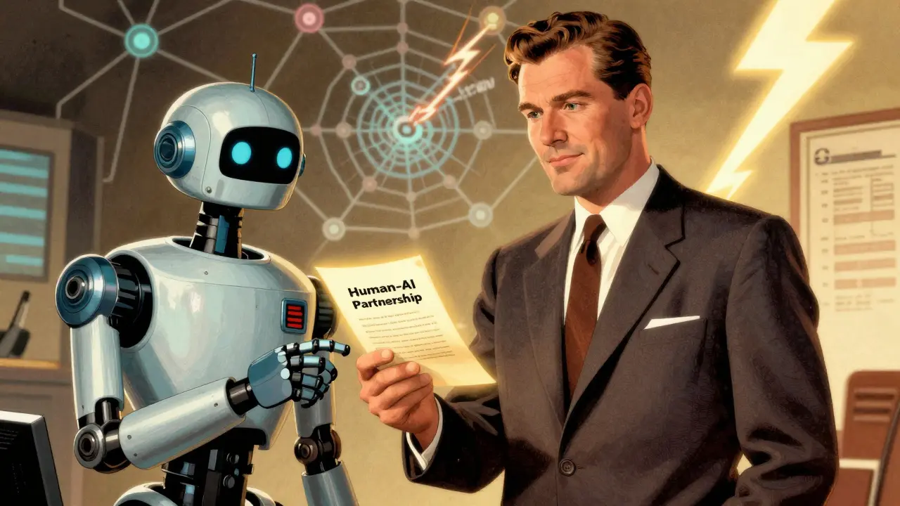 Insurance adjuster and robot co-pilot collaborating in vintage comic book art