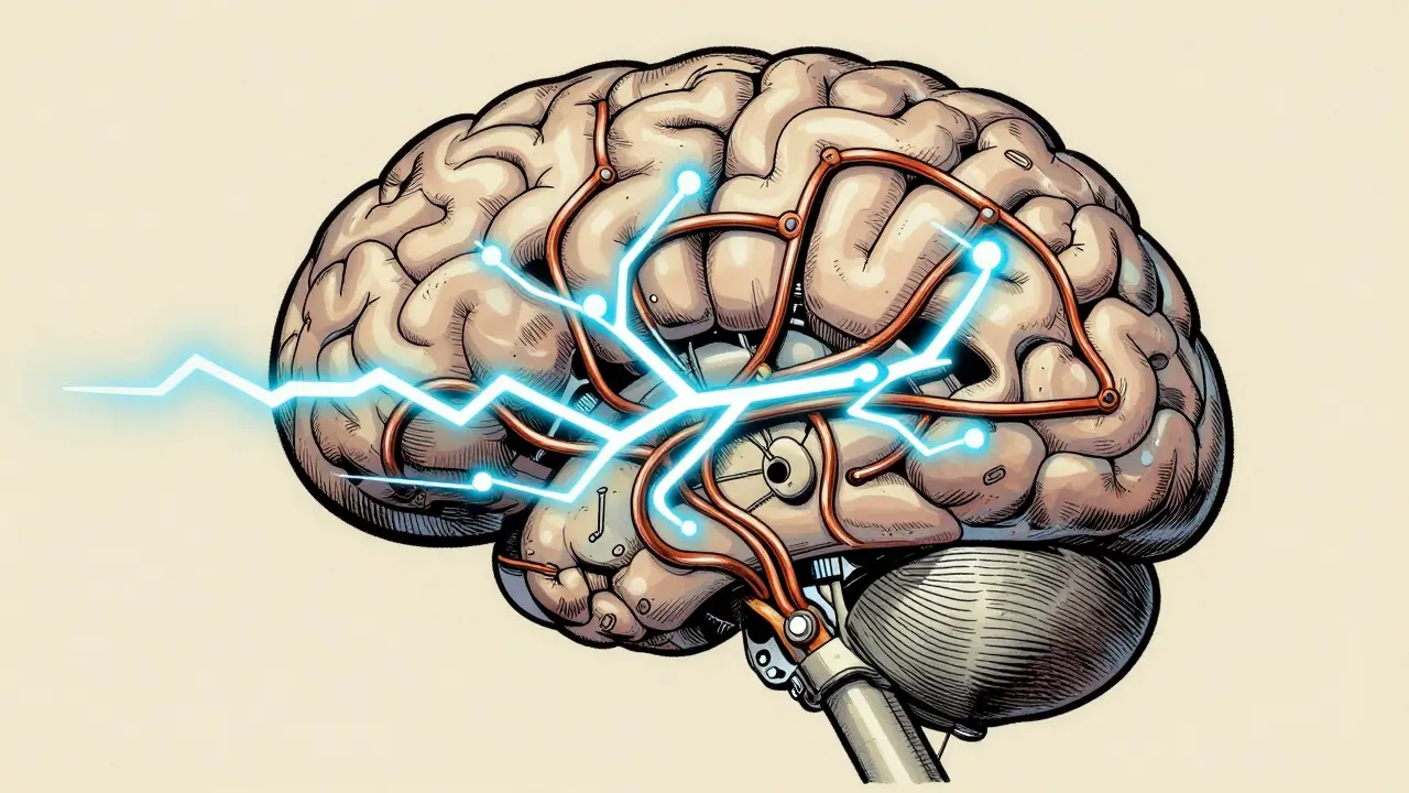 Mechanical brain interior with glowing neural wiring pathways.