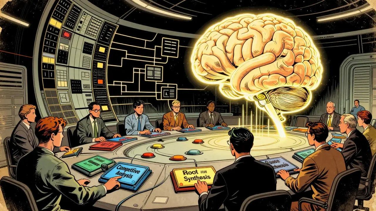 Office workers using a mechanical interface to trigger complex AI analysis workflows.