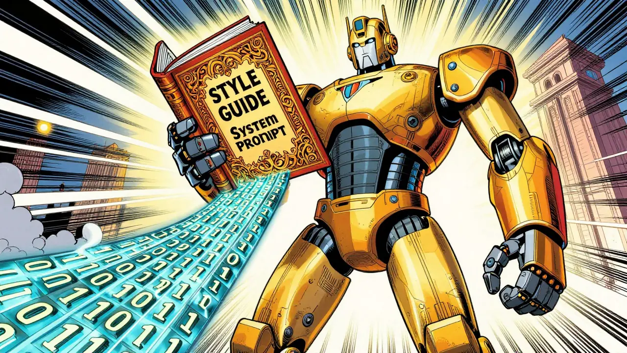 Robot enforcing a style guide on a stream of binary code in comic style