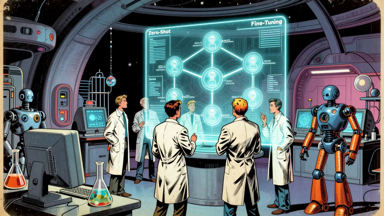 Scientists and robots studying a holographic decision tree in a retro-futuristic lab.