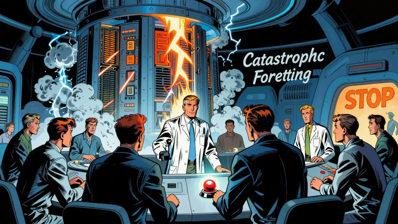 Scientists in a control room debating whether to stop training an overheating supercomputer.