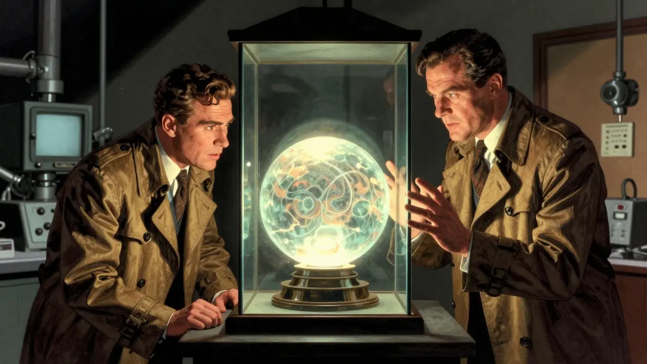 Scientists inspecting a mysterious glowing orb in a dark room.
