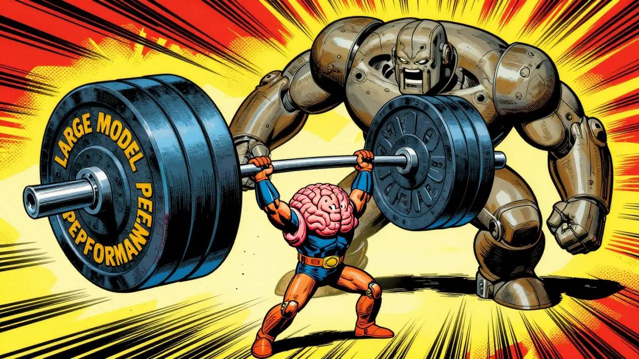 Small powerful robot lifting a heavy weight to represent overtrained model performance.