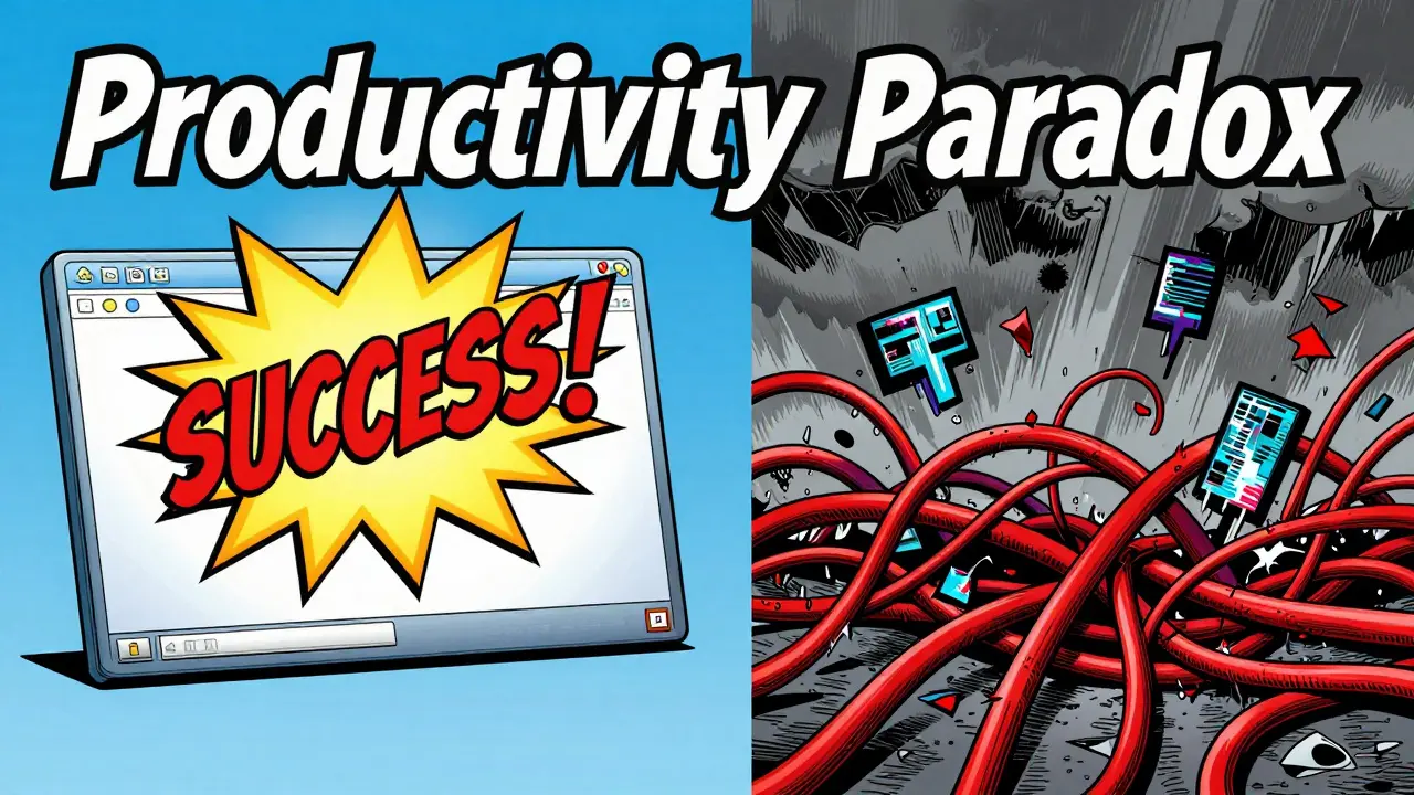 Split-screen showing a polished app prototype versus chaotic technical debt