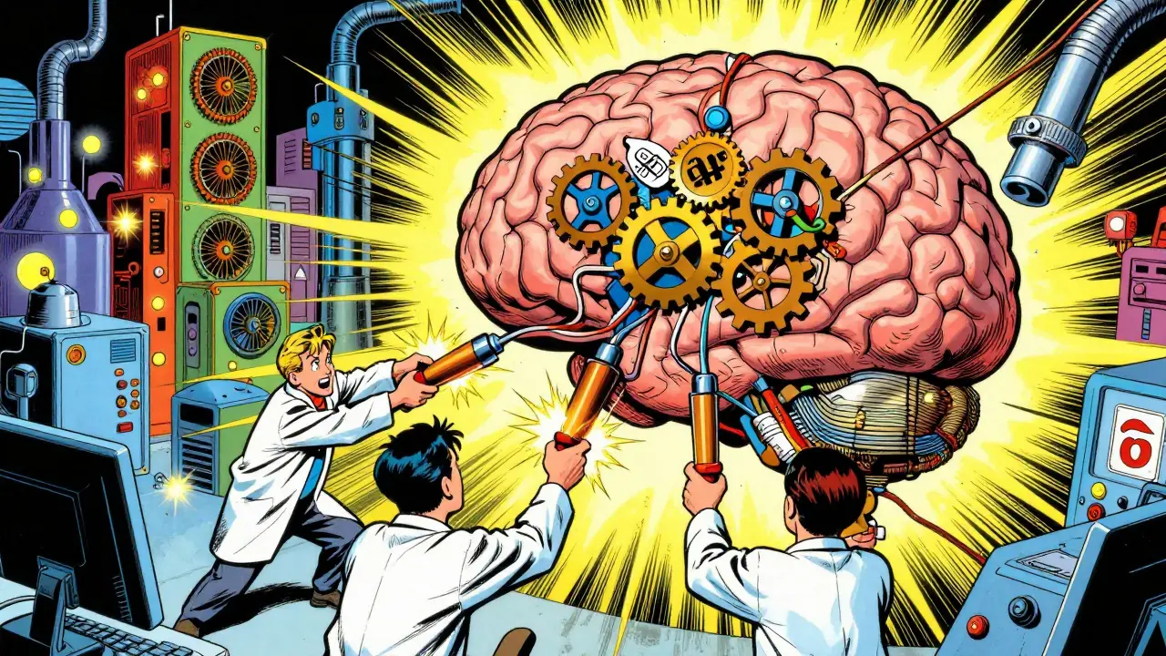 Technicians updating a giant mechanical brain with specialized knowledge in a retro comic lab