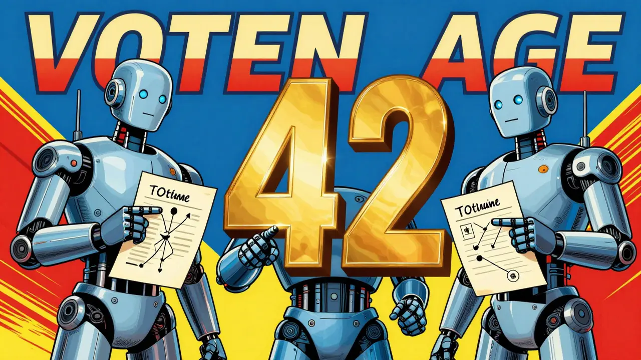 Three AI robots agreeing on a final answer in a comic book scene