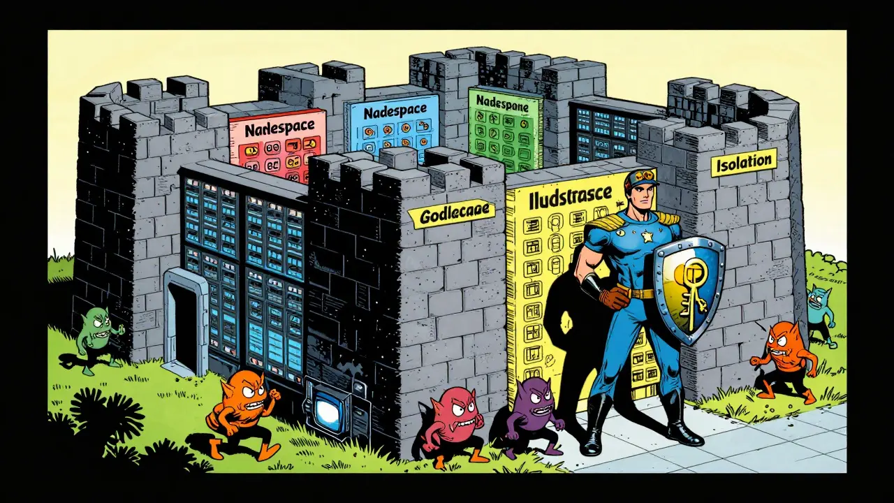 A hero defending a fortified database with isolation walls against intruders in retro comic art.