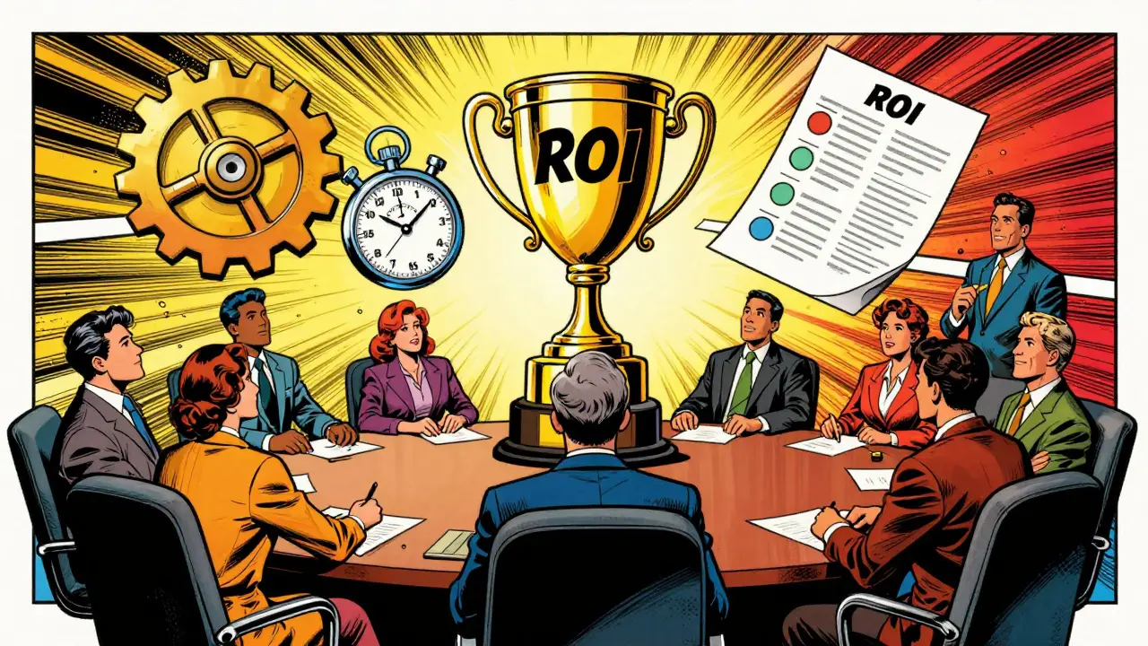 Boardroom team uniting telemetry, sampling, and survey icons into a ROI trophy in comic style.