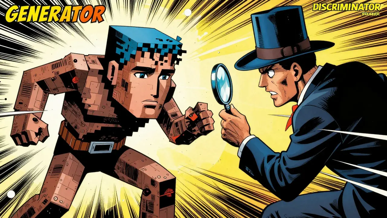 Comic art of generator and discriminator figures battling over image creation.