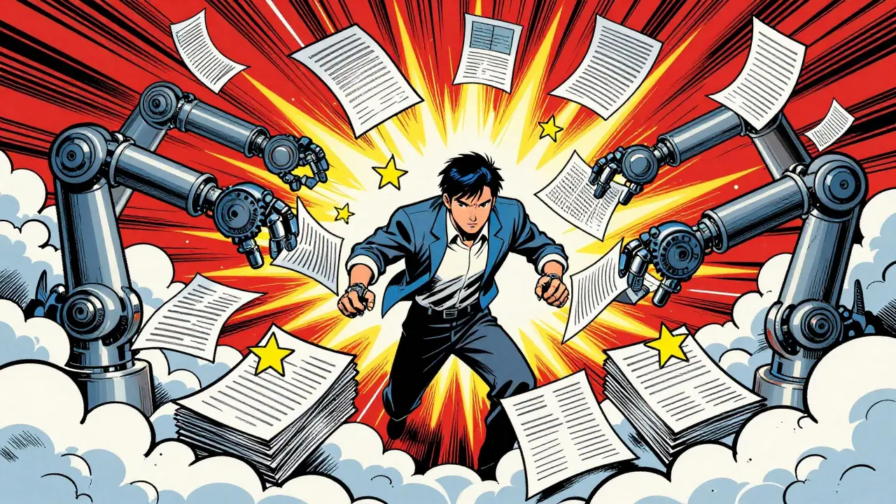 Comic art of robot arms sorting research papers at high speed