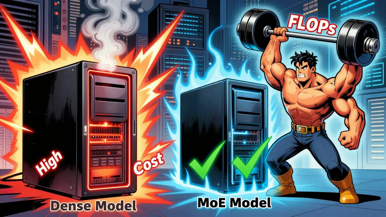 Comic book art contrasting an overheating dense model with an efficient, cool Mixture-of-Experts model.