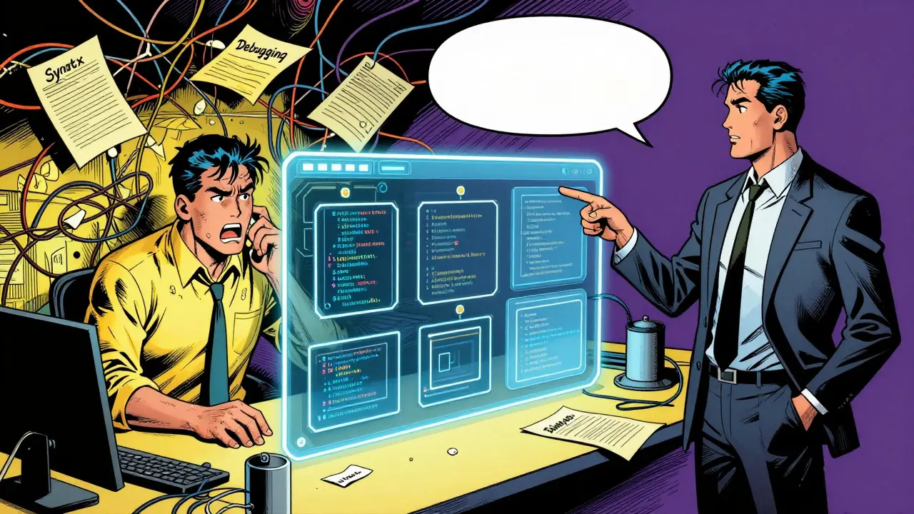 Comic book scene showing the shift from chaotic manual coding to organized AI-assisted development workflows.