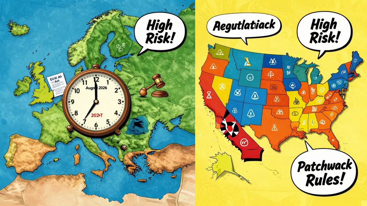 Comic map showing EU deadlines and US state patchwork for AI regulations