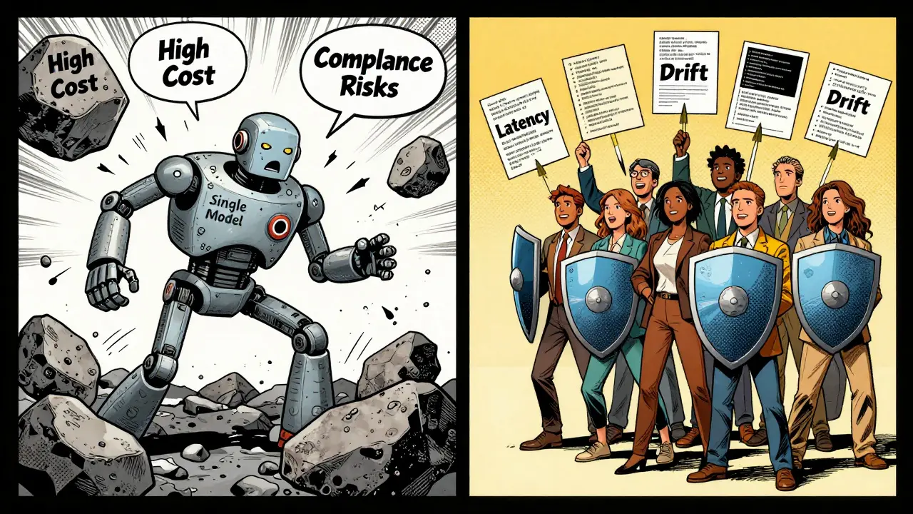Comic panel showing single model failure vs balanced portfolio success.
