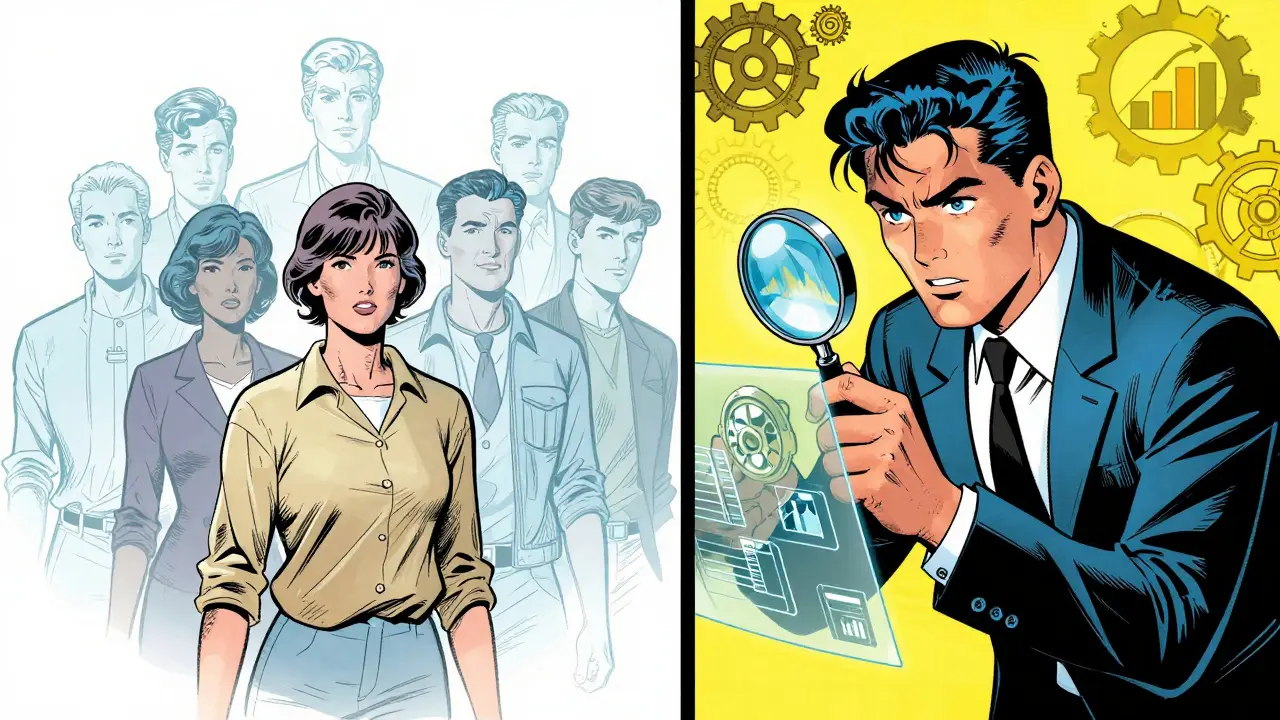 Detective examining AI bias with a magnifying glass in comic style