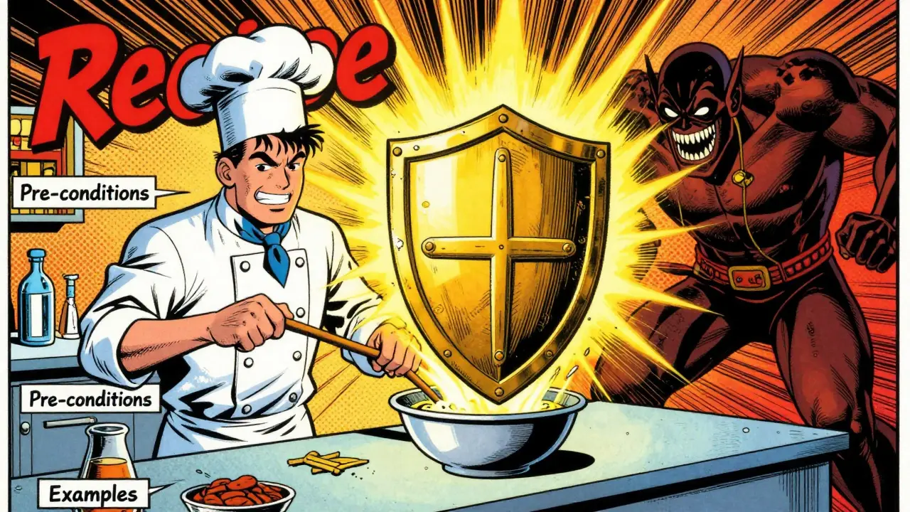 Developer creating unit tests like a recipe to fight hallucinations in comic style