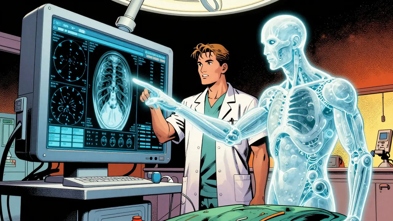 Doctor and AI assistant analyzing medical scans in a futuristic hospital setting.